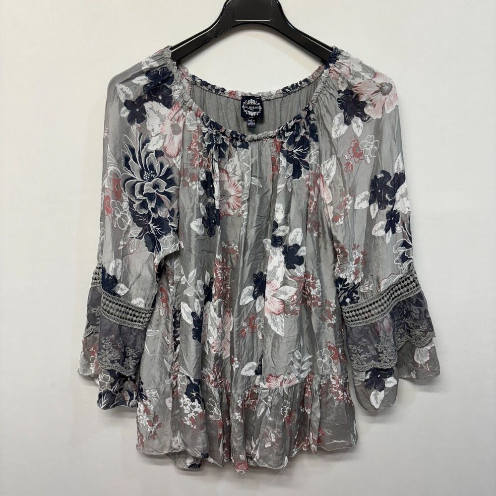 Le Marais Paris 100% Silk Blouse Top Shirt Large Floral Embroidered D060 -30